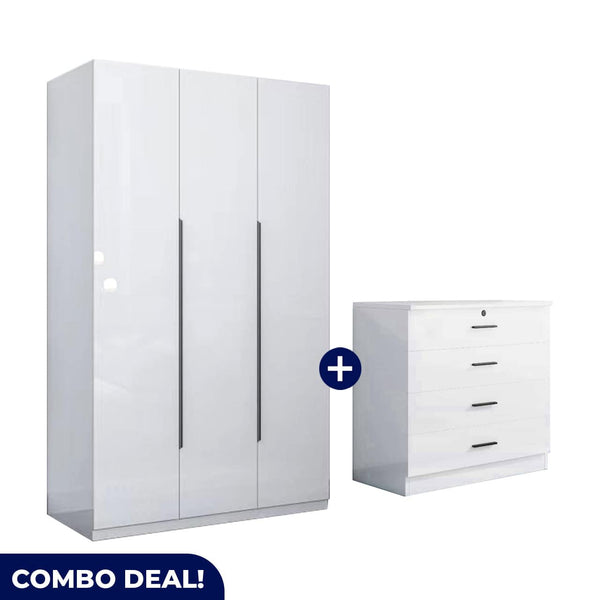 White 3 Door Wardrobe and 4 Drawer Set MW3GA+MW4DGCB